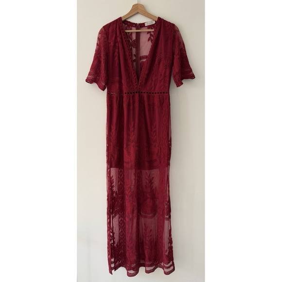 Eleter Dress Womens L Burgundy Lace Maxi Romantic Boho Fairy Whimsy Goth Witchy - Picture 2 of 16